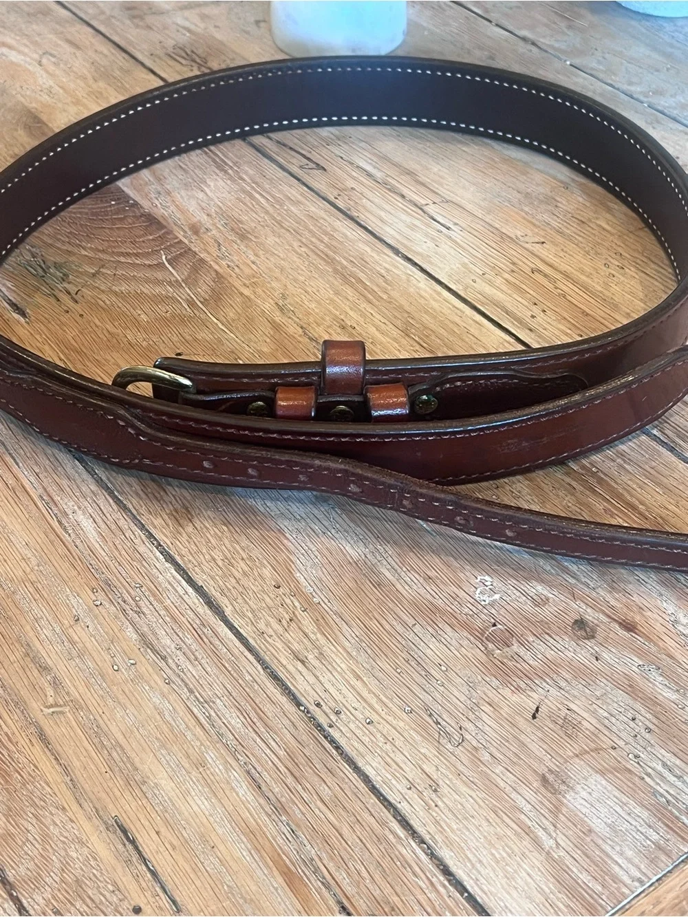 Men's Brown Leather Dress Belt with Polished Brass Buckle Fits 31” Waist Western